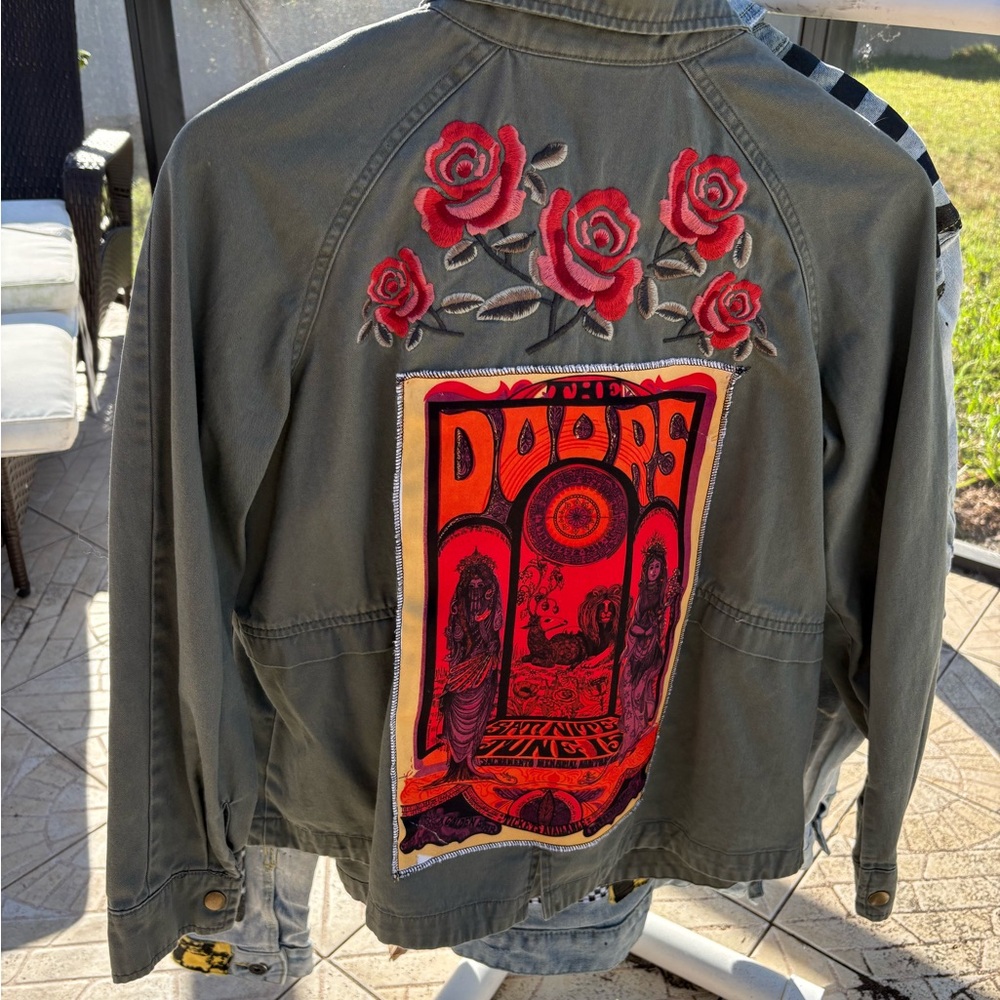 Style & Co. Olive Jacket with Red Rose Embroidery